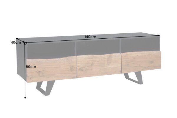 TV Lowboard 140 cm bord darbre compartiments tiroirs bois fer