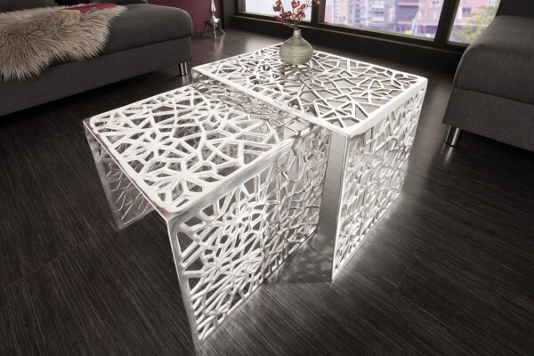 Couchtisch Metall 2er Set in Silber Handarbeit