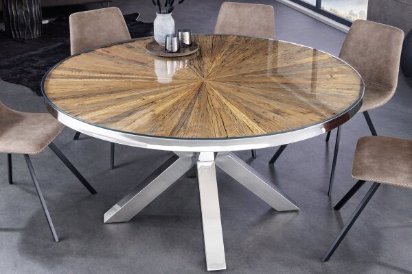 Esstisch 140x140 cm Teakholz Hartglas Edelstahl Braun Chrom