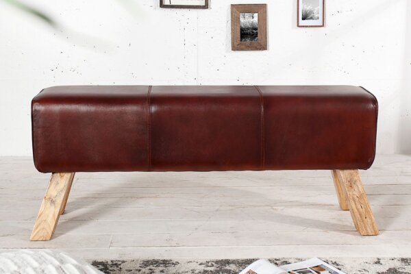 Sitzbank Echtleder Massivholz 100 cm in Kaffeebraun Natur