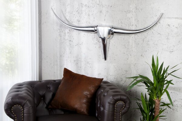 Sculpture murale aluminium 100 cm en argent Tête de taureau