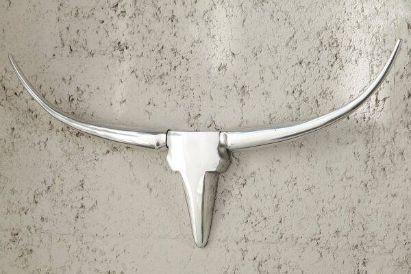 Wandskulptur Aluminium 120 cm in Weiß Silber Stierkopf