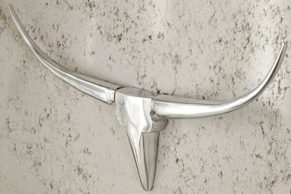 Wandskulptur Aluminium 120 cm in Weiß Silber Stierkopf
