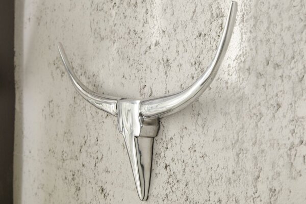 Wandskulptur Aluminium 120 cm in Weiß Silber Stierkopf