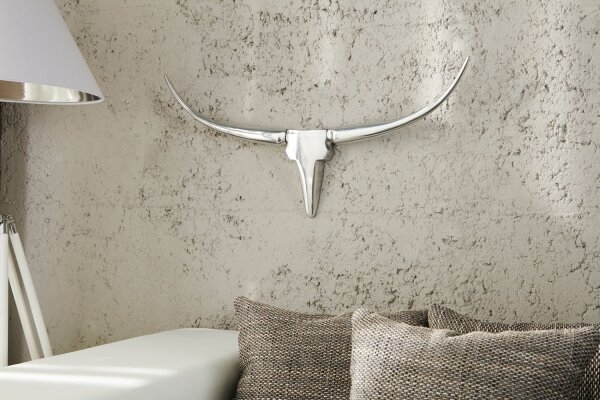 Wandskulptur Aluminium 120 cm in Weiß Silber Stierkopf