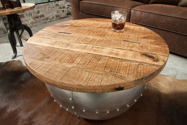 Table basse mangue bois métal Ø 68 cm en naturel argenté