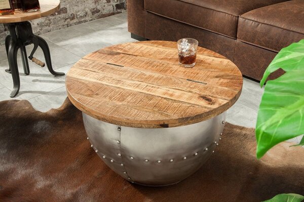 Table basse mangue bois métal Ø 68 cm en naturel argenté