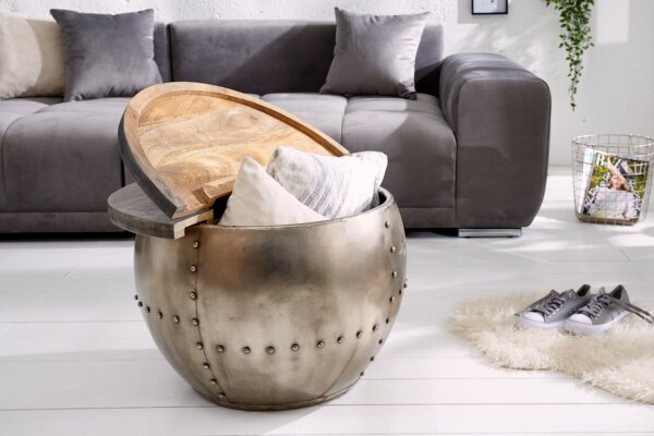 Table basse mangue bois métal Ø 68 cm en gris argenté