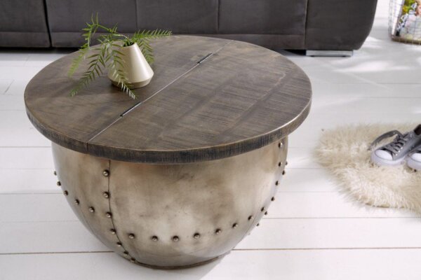 Table basse mangue bois métal Ø 68 cm en gris argenté