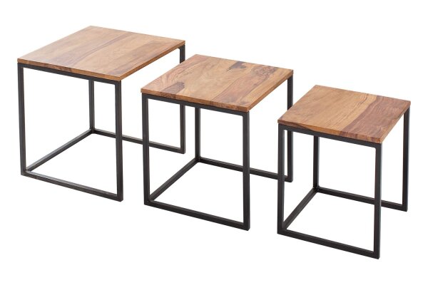Beistelltisch Sheesham Holz Metall 3er Set in Natur Schwarz