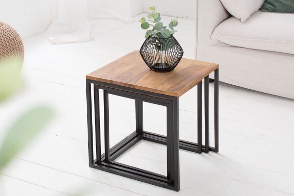 Beistelltisch Sheesham Holz Metall 3er Set in Natur Schwarz