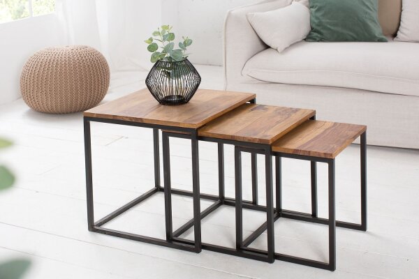 Beistelltisch Sheesham Holz Metall 3er Set in Natur Schwarz