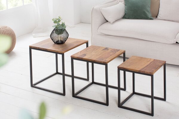 Beistelltisch Sheesham Holz Metall 3er Set in Natur Schwarz