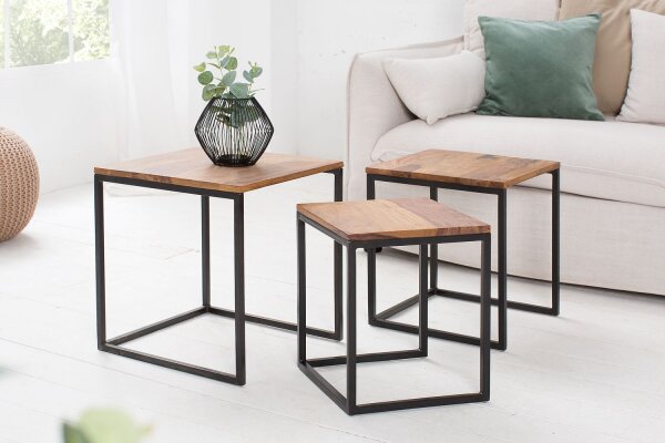 Beistelltisch Sheesham Holz Metall 3er Set in Natur Schwarz
