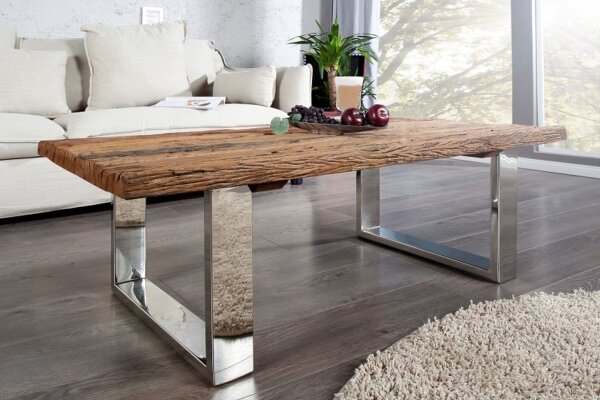 Couchtisch recyceltes Teakholz Metall 110x14,5 cm in Natur