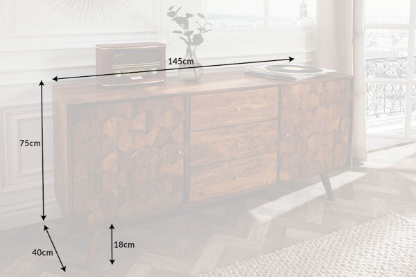 Sideboard Holz Sheesham 145 x 75 cm 3D-Fronten Retro