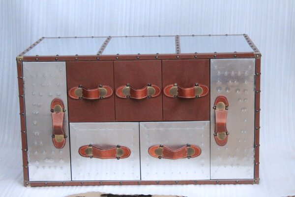 Table basse aluminium bois cuir artisanal 51x86 cm en brun