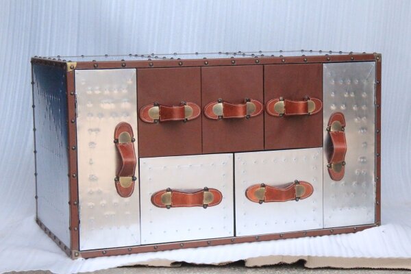 Table basse aluminium bois cuir artisanal 51x86 cm en brun