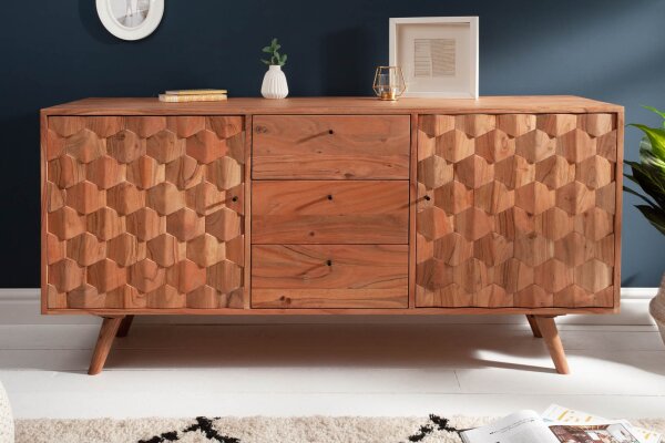 Sideboard acacia 145 x 75cm façades 3D rétro tiroirs portes