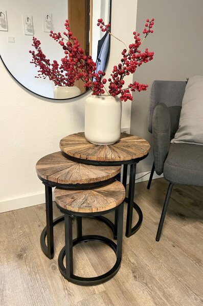 3er Set Beistelltische Holz Stahl Ø 28/38/46cm rund
