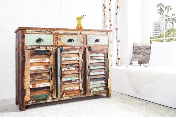 Sideboard Holz 125 x 90 cm Schubladen Türen Bunt Handarbeit