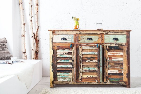 Sideboard Holz 125 x 90 cm Schubladen Türen Bunt Handarbeit