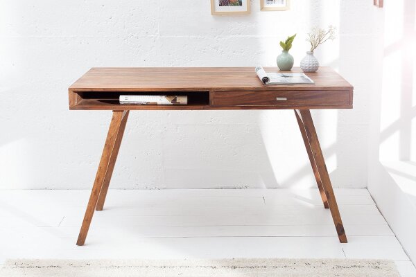 Schreibtisch Sheesham Holz in Natur 117x75 cm mit Schublade