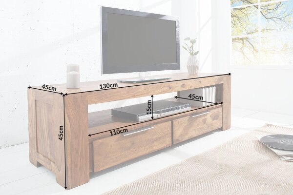 Buffet TV en bois de sheesham 130 x 45 cm tiroirs grand compartiment