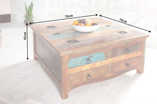 Couchtisch mit Schublade recyceltem Holz Bunt Braun 70x70 cm