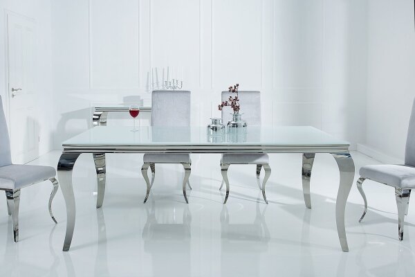 Table de salle à manger céramique verre dur métal en blanc argenté 180x90 cm