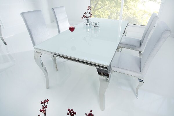 Table de salle à manger céramique verre dur métal en blanc argenté 180x90 cm