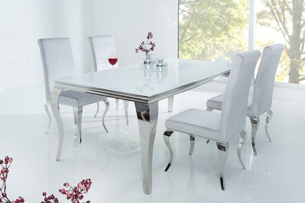Table de salle à manger céramique verre dur métal en blanc argenté 180x90 cm