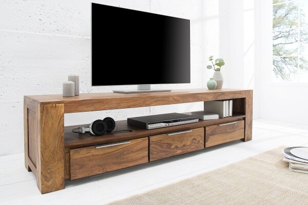 TV Lowboard Holz Sheesham 170 cm breit Schubladen großes Fach