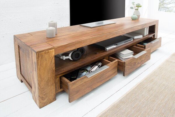 TV Lowboard Holz Sheesham 170 cm breit Schubladen großes Fach