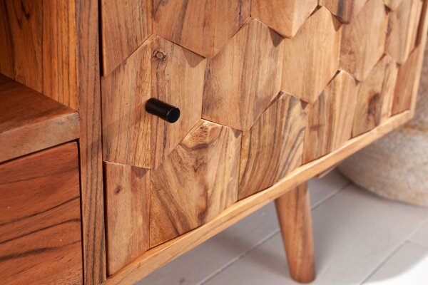 TV Lowboard en acacia, largeur 140 cm, façades 3D massives