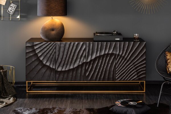 Sideboard noir or 177 x 76 cm fait main grand bois métal