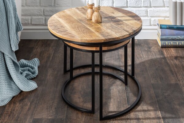Set de 2 tables dappoint rondes en bois de manguier et métal