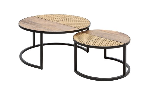 Table basse 2 pièces rotin mangue bois métal rond