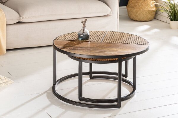 Table basse 2 pièces rotin mangue bois métal rond