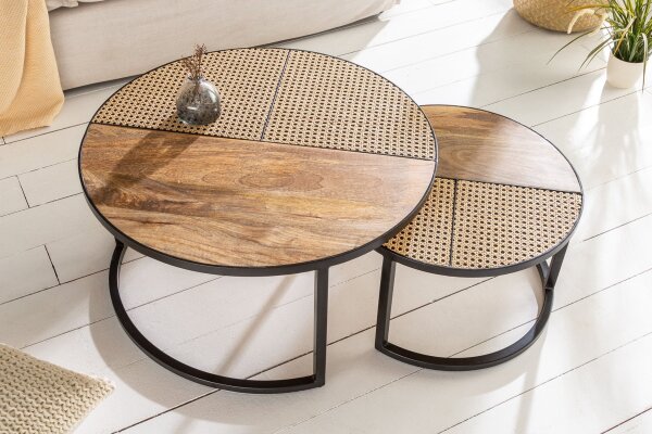 Table basse 2 pièces rotin mangue bois métal rond