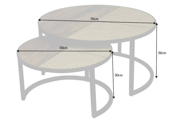 Table basse 2 pièces rotin mangue bois métal rond