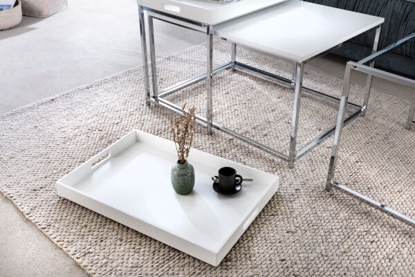 Table basse 2 pièces MDF métal blanc chrome avec plateaux