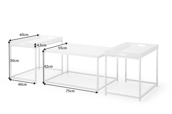 Table basse 2 pièces MDF métal blanc chrome avec plateaux