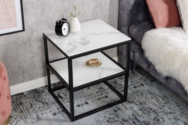 Table dappoint verre dur métal en blanc noir 45x40 cm