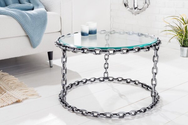 Couchtisch Hartglas Eisen in Silber 65x65 cm Handarbeit