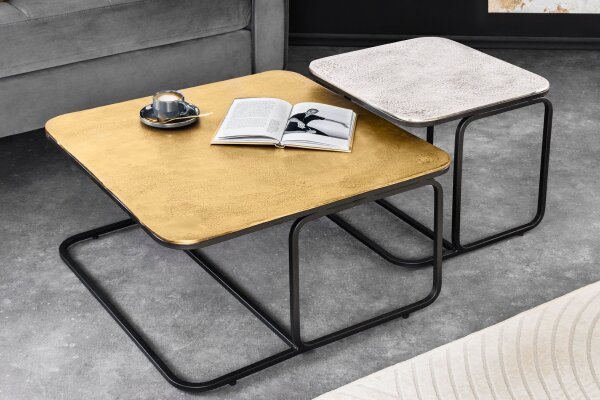 Table basse set de 2 pièces métal carré noir or argent