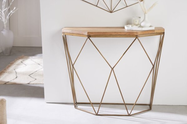 Table console mangue bois métal en laiton naturel 90 cm