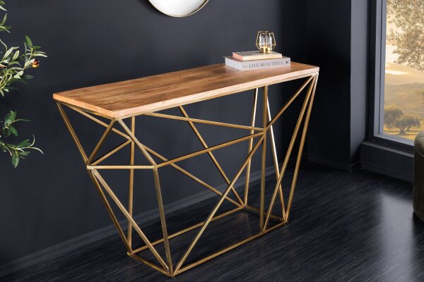 Table console mangue bois métal en laiton naturel 119 cm