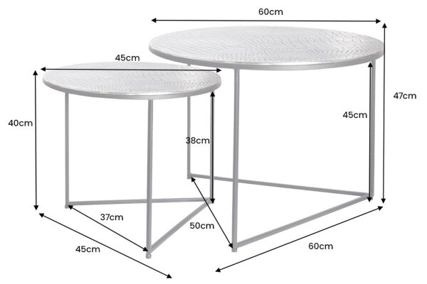 Couchtisch 2er Set Metall in Silber Antik Hammerschlag