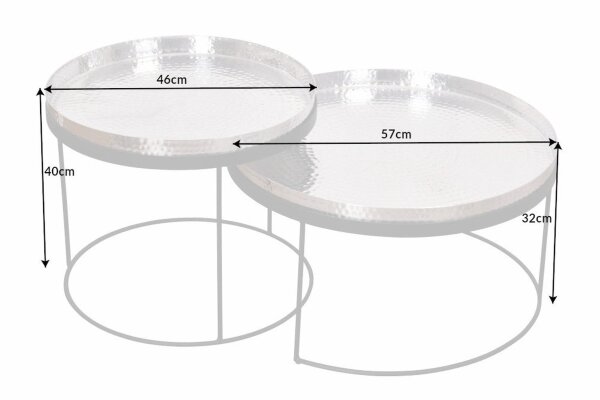 Couchtisch 2er Set mit Tablett in Silber Schwarz Handarbeit